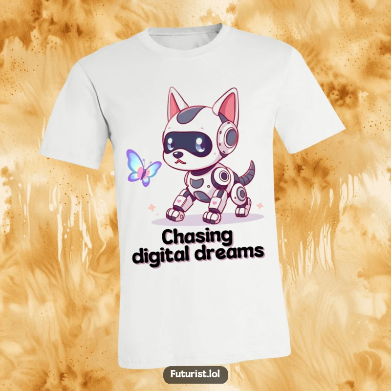 Funny robot dog t-shirt, a playful robotic canine with illuminated antennae, chasing a shimmering holographic butterfly, full of delightful humor.