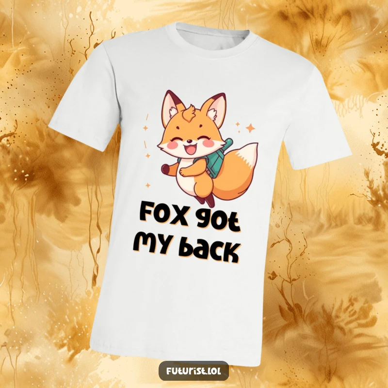 Funny fox cub mid-flight on a jetpack, kicking up stardust, printed on a comfortable t-shirt.