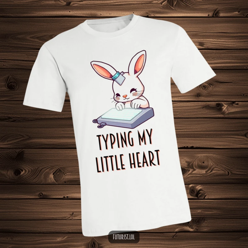 Funny rabbit t-shirt, a curious rabbit with metallic details, rapidly typing on a glowing keyboard, radiating focused, humorous intensity.