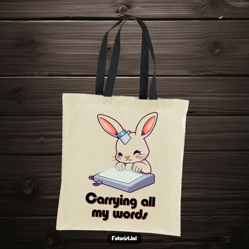 Funny rabbit tote bag, a curious rabbit with metallic accents typing on a glowing keyboard, ideal for carrying essentials humorously.