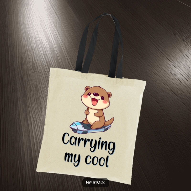 Funny tote bag illustrating a cheerful otter with a joyful grin, riding a futuristic hoverboard, perfect for carrying essentials with style.