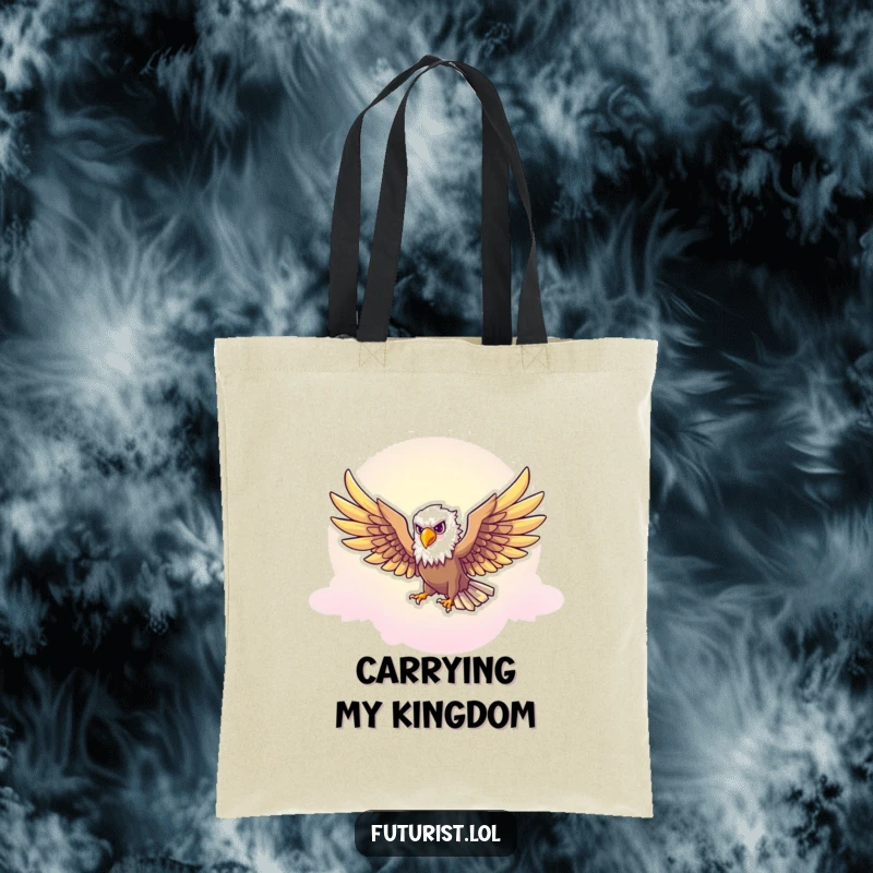 Funny Eagle Freedom Tote Bag: Features a majestic eagle character soaring through a neon-tinted sky, a funny bag for carrying dreams.