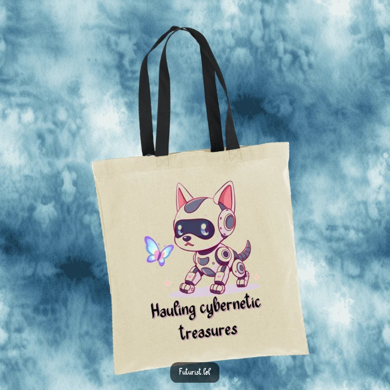 Funny robot dog tote bag, a playful robot dog with glowing antennae, chasing a holographic butterfly, ideal for carrying essentials humorously.